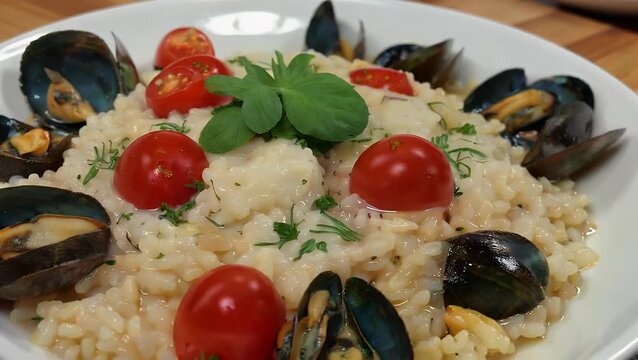 Creamy Italian Rice Dish Prepared with Assortment of Fresh Shellfish and Tomato Garnish