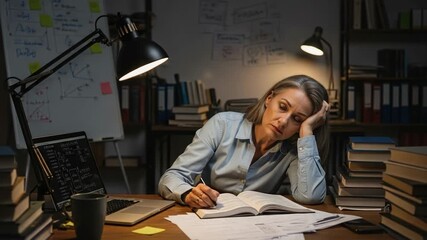 Tired mature woman studying late at night, feeling exhausted and overwhelmed by work or academic pressure at her desk with books and laptop. - Powered by Adobe
