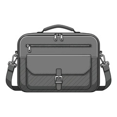 A detailed illustration of a gray messenger bag with multiple compartments, zippers, a front flap, and an adjustable shoulder strap.