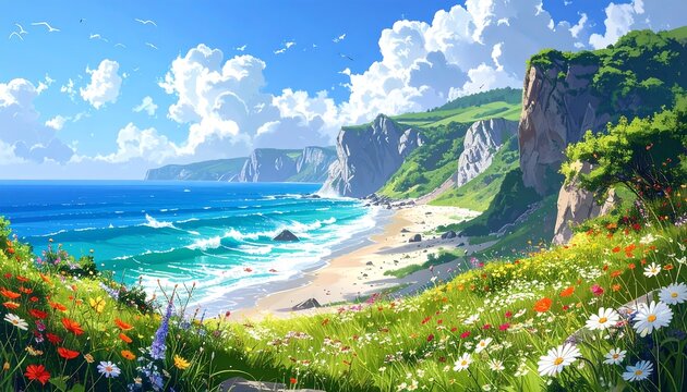 Colorful coastal landscape painting. Lush wildflowers border a sandy beach, rocky cliffs, and a vibrant ocean