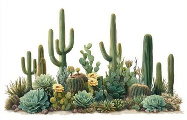 Various types of cacti and succulents arranged together displaying different shapes and sizes with some blooming flowers on a white background
