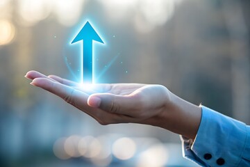 Businessman hand holding virtual glowing arrow up icon, representing business growth, financial performance, investment success and positive economic trend with percentage symbols.