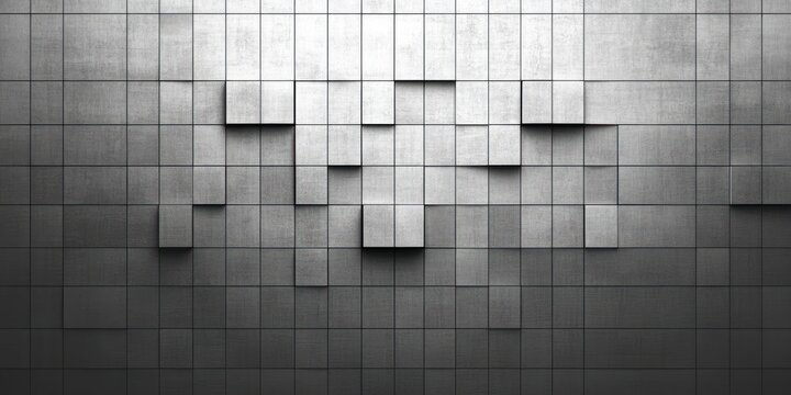 abstract gray wall composed of square panels with varying depths creating a geometric stepped pattern and shadowed textures