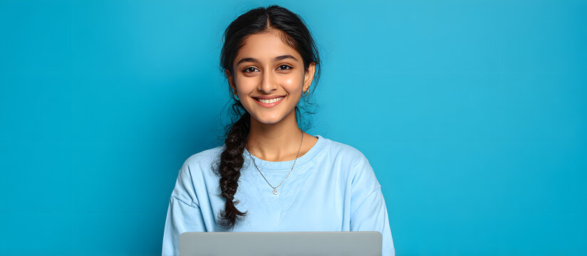 Smiling Indian teen girl using laptop for online study on blue background Happy student in educational webinar