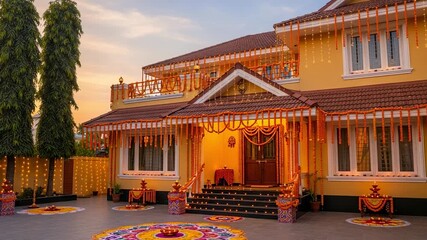 Vibrant yellow house beautifully decorated with marigold garlands, traditional oil lamps, and string lights for a festive celebration at twilight - Powered by Adobe