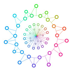 Colorful circular infographic with connected nodes forming a radial network diagram. Abstract vector template for digital technology, communication, or social media concept.