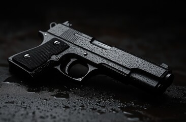 Close-up of a semi-automatic pistol covered in water droplets lying on a wet dark surface, creating a dramatic and intense mood
