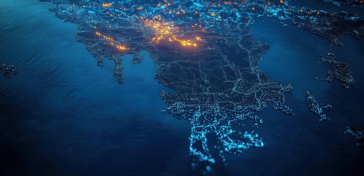 Glowing map highlighting illuminated regions with blue and orange lights representing population or activity density across a coastal landmass at night