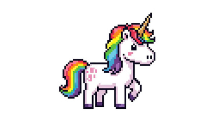Cartoon unicorn with rainbow mane and tail on a white background.