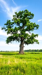 Obraz premium Majestic oak in a grassy field under a partly cloudy sky
