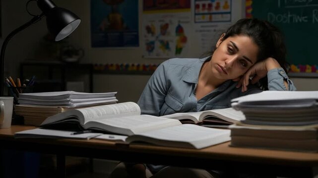 Exhausted young adult female student studying late at night in a dimly lit classroom, surrounded by stacks of books and papers, feeling overwhelmed by academic pressure and fatigue.