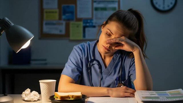 Exhausted young adult female healthcare worker in blue scrubs sleeping at her desk during a late-night shift in a hospital office, showing signs of burnout and overwork.