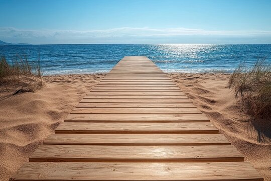 wooden boardwalk leading from sandy beach towards calm sparkling ocean under clear blue sky with distant land on horizon - Powered by Adobe