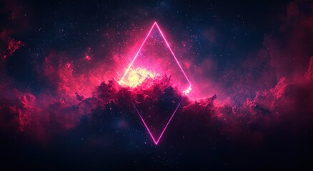 A glowing neon pink diamond shape floats amidst vibrant cosmic clouds and sparkling stars in a dark outer space environment, evoking a sense of mystery and futuristic wonder