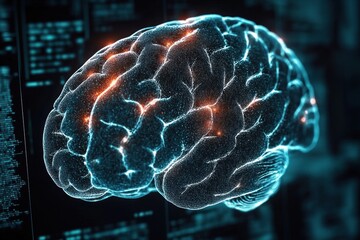 Digital rendering of a glowing human brain with neural connections illuminated in blue and orange, set against a dark background with scattered data code, evoking technology and intelligence