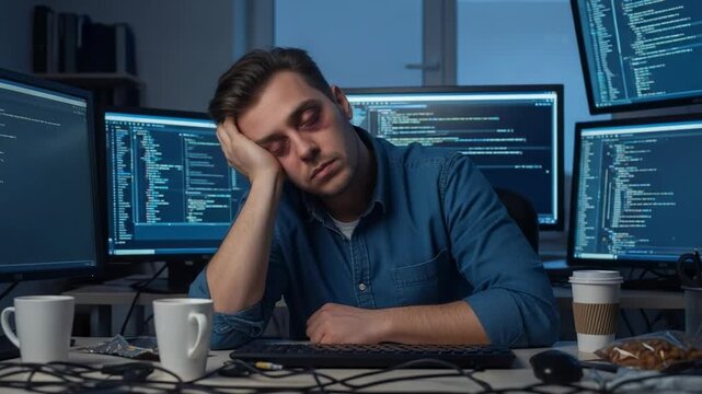 Overworked young Caucasian male programmer sleeping at his desk in a dark office, surrounded by multiple glowing computer monitors displaying lines of code.