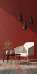 A modern, minimalist living room featuring a deep crimson wall, a white armchair, and a black coffee table.  Simple cone-shaped pendant lights hang above.