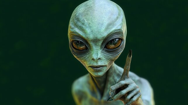 Close-up of a green alien with large dark eyes, pointing one finger forward against a dark green background, conveying a mysterious and intense emotion