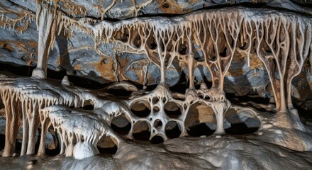 Intricate cave formations with stalactites and unique patterns, showcasing the beauty and complexity of natural geological processes in an underground environment