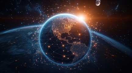 Glowing network connections overlaying Earth viewed from space with illuminated continents and a bright sunrise near the horizon, moon visible in the background