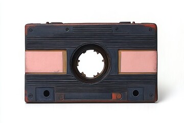 Obraz premium Close-up of a vintage audio cassette tape without tape reels, showing a black and brown textured plastic body with empty windows and a central circular hole