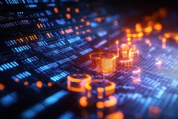 Close-up view of digital binary code matrix with glowing orange 3D data flow elements creating a futuristic and dynamic technology interface