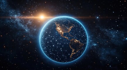 Obraz premium Digital network connections overlaying the illuminated Earth from space showing North and South America with the sun rising behind against a starry galaxy background