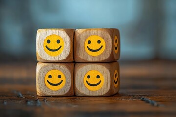 Four wooden dice with yellow smiley faces stacked in a square on a wooden surface, conveying happiness and positivity