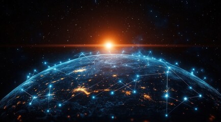 Digital globe with glowing network nodes and connections over illuminated Earth surface at night with rising sun in starry space