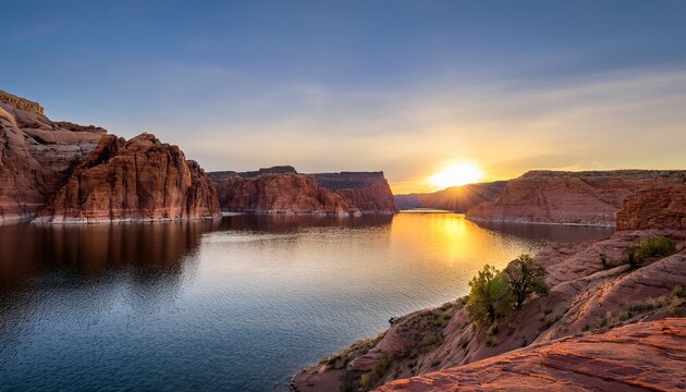 Majestic Reflections Lake Powells Dramatic Canyon Walls And Shimmering Waters At Sunset - Powered by Adobe