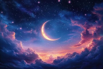 Glowing crescent moon surrounded by vibrant purple and pink clouds under a starry night sky evoking a serene and magical atmosphere