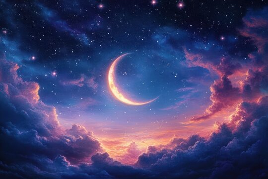 Glowing crescent moon surrounded by vibrant purple and pink clouds under a starry night sky evoking a serene and magical atmosphere
