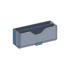 A 3D rendering of a gray and blue desk organizer with two compartments, designed for holding cards or small stationery items.