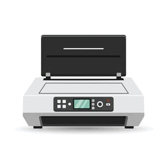 A detailed illustration of a flatbed scanner with its lid open, ready for document scanning.