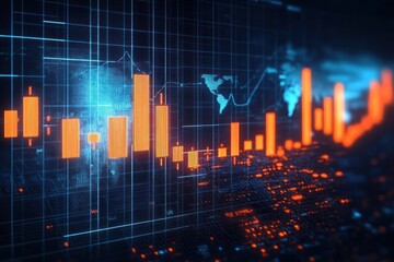 Digital orange bar and candlestick chart displaying fluctuating financial data on a glowing futuristic blue grid background with world map outlines