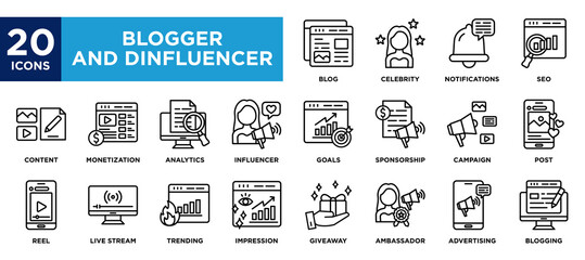 Blogger And Influencer icon collection set. containing design blog,influencer,content,trending,sponsorship 