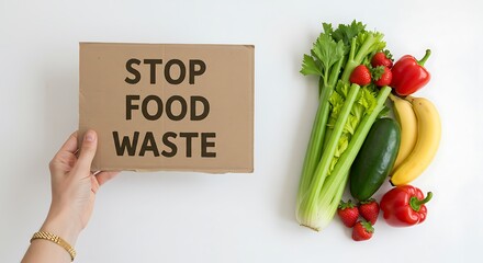 A hand holding Stop Food Waste sign next to fresh produce