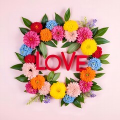 Creative layout with colorful flowers and leaves forming the word "LOVE", vibrant, cheerful, artistic, flat lay, floral typography, minimal, modern, decorative composition