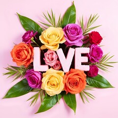 Creative layout with colorful flowers and leaves forming the word "LOVE", vibrant, cheerful, artistic, flat lay, floral typography, minimal, modern, decorative composition
