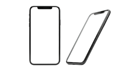 Two modern smartphones, one angled, isolated on transparent background