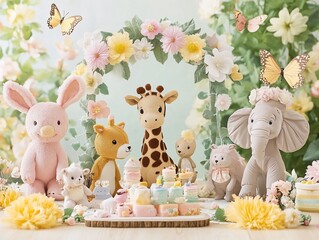 Enchanting Plush Animal Party with Floral Arch and Delicate Cakes
