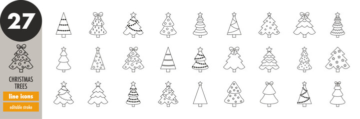 Christmas trees - editable stroke thin line icons set. Holiday, new year, xmas trees decorated with stars and ornaments, vector illustration