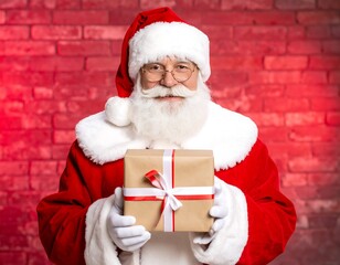 Naklejka premium Santa Claus holding a gift in front of a red brick wall (1)