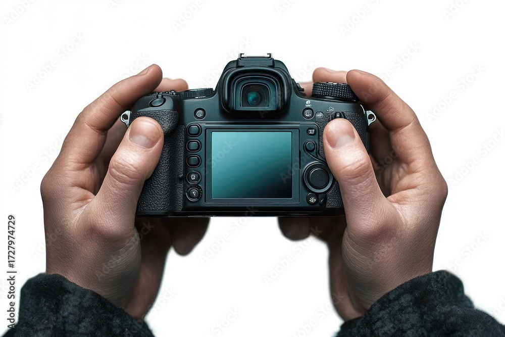 Wall mural close-up of hands holding a digital camera facing backwards showing the lcd screen and control butto