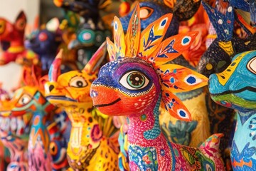 Colorful handcrafted animal figurines with detailed patterns and large expressive eyes displayed together, evoking a festive and vibrant atmosphere
