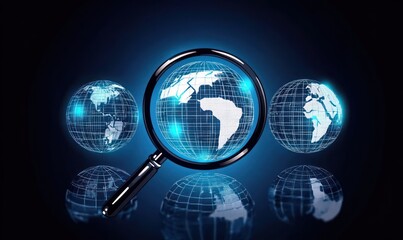 Magnifying glass focusing on a digital globe with continents and grid lines illuminated in blue light on a dark background, surrounded by two smaller glowing globes