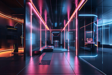 ネオンライトが映える近未来的なダークオフィス空間