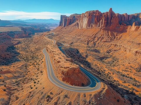 Winding road through a desert canyon with towering red rock cliffs under a clear blue sky