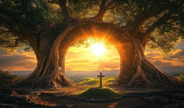 Sunset radiant light shining through archway formed by two large intertwined trees over grassy hill with a wooden cross at the center evoking peaceful and spiritual atmosphere