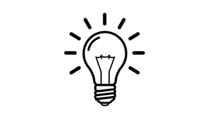 Simple line drawing of a glowing light bulb isolated on white isolated on transparent background